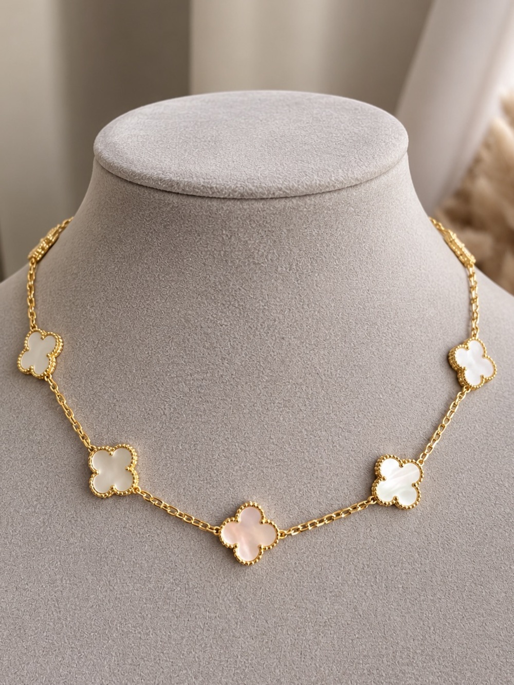 White Clover Chain Necklace with Mother-of-Pearl Accents